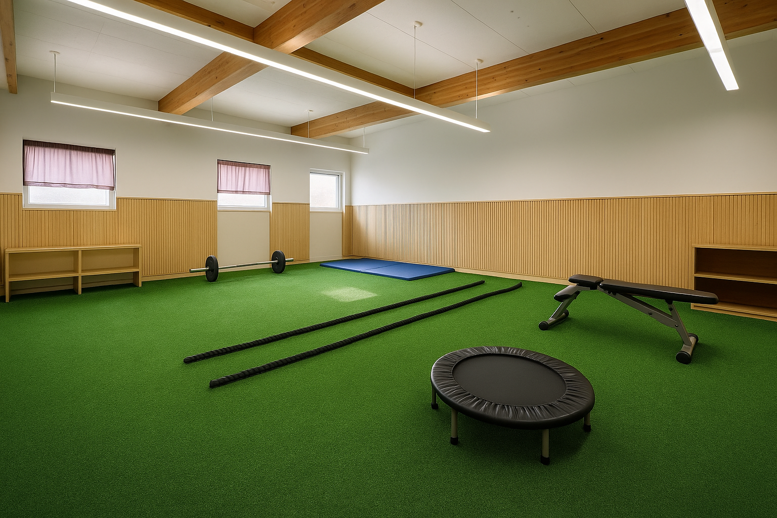 Multi-purpose exercise room with green turf and equipment