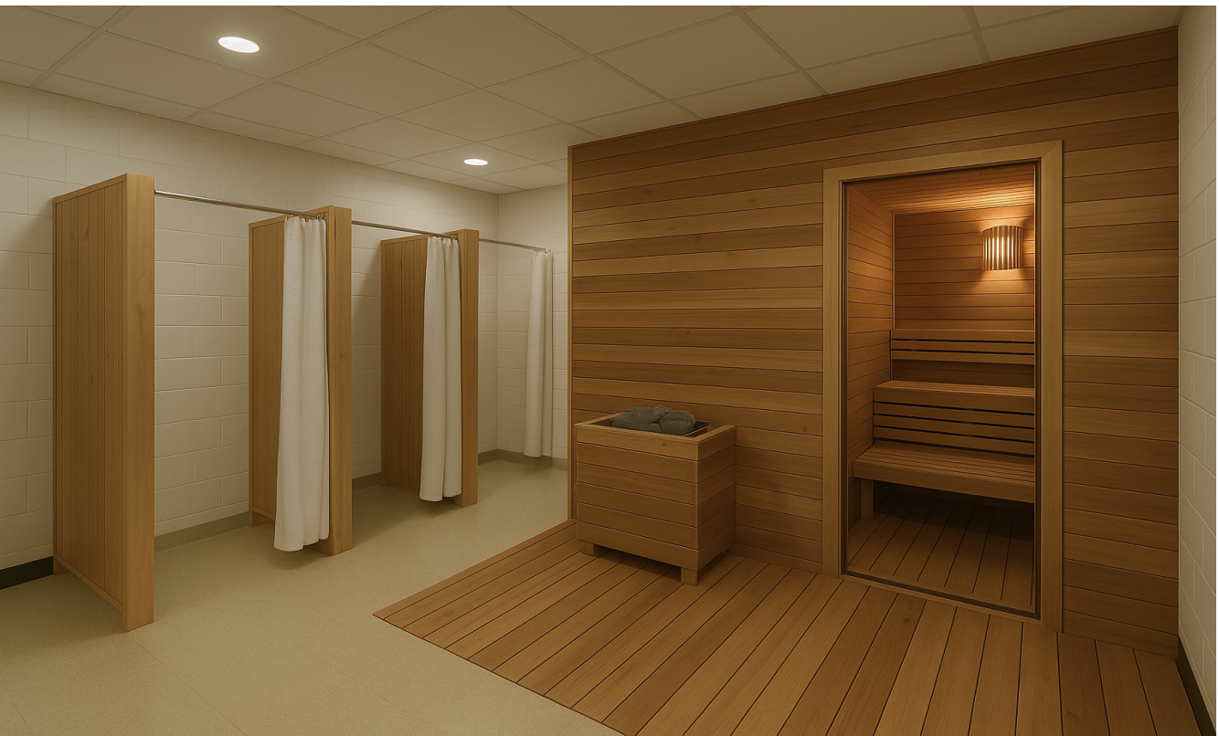 Modern sauna facility with wooden construction and changing areas